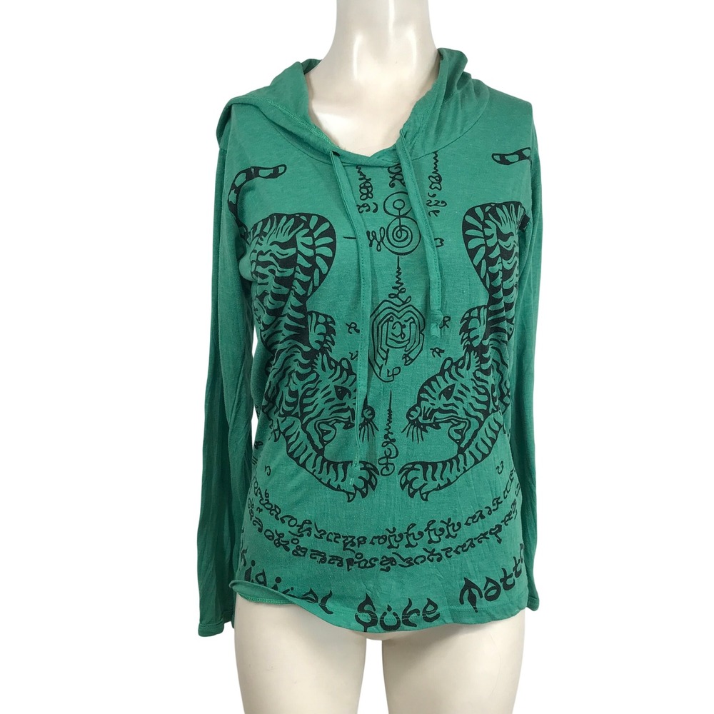 Sure Original Green Tiger Sak Yant Graphic Lightweight Cotton Hoodie Small